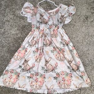 Girls' White Floral Bunny Print Dress